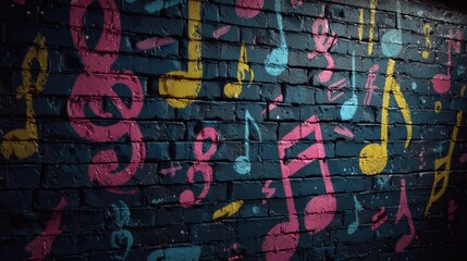 Colorful musical notes painted on a dark brick wall create a vibrant, artistic mural celebrating music and creativity.
