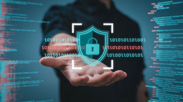 Futuristic digital security concept glowing cyan shield with padlock hovers above palm-up hand, binary code and code blur background