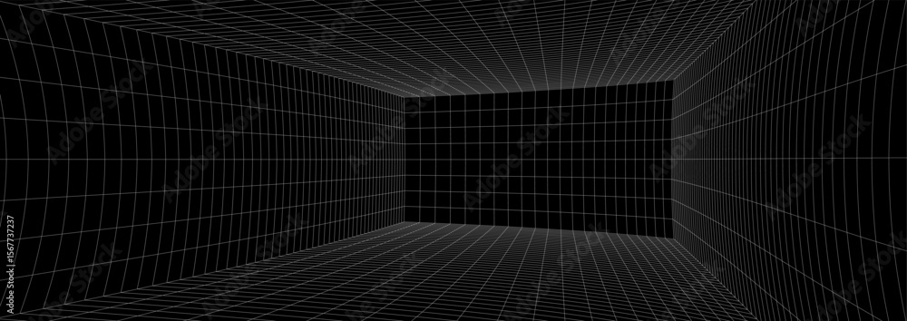 Poster 3d grid room background for digital game or space. black box meets future with abstract wireframe te