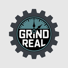 Fototapeta premium Grind real logo featuring a gear surrounding a clock face with bold white text reading grind real on a light gray background