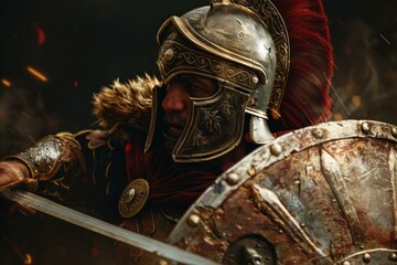 Roman general wearing helmet and fur, attacking with sword and shield in a fiery battle
