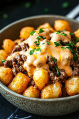 Bowl of food with meat and potatoes