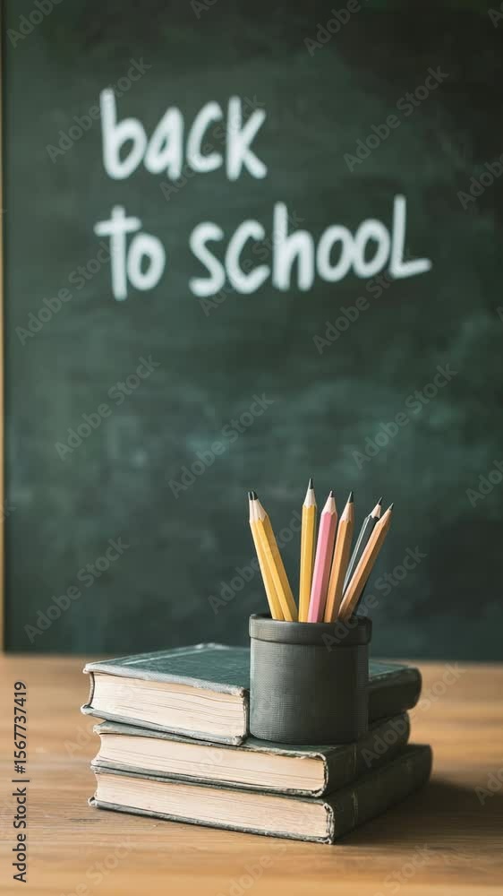 Poster Pencils resting in a holder atop a stack of books on a wooden desk in a classroom, with back to school written on the chalkboard, evoke nostalgia for the academic year