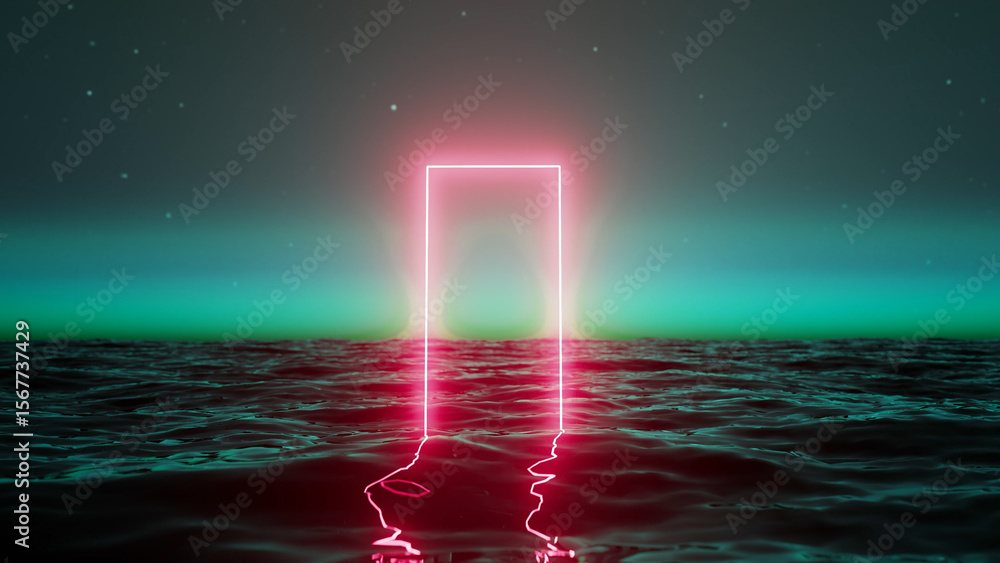 Poster glowing rectangular neon frame rises from rippling ocean surface at night, creating a mystical porta
