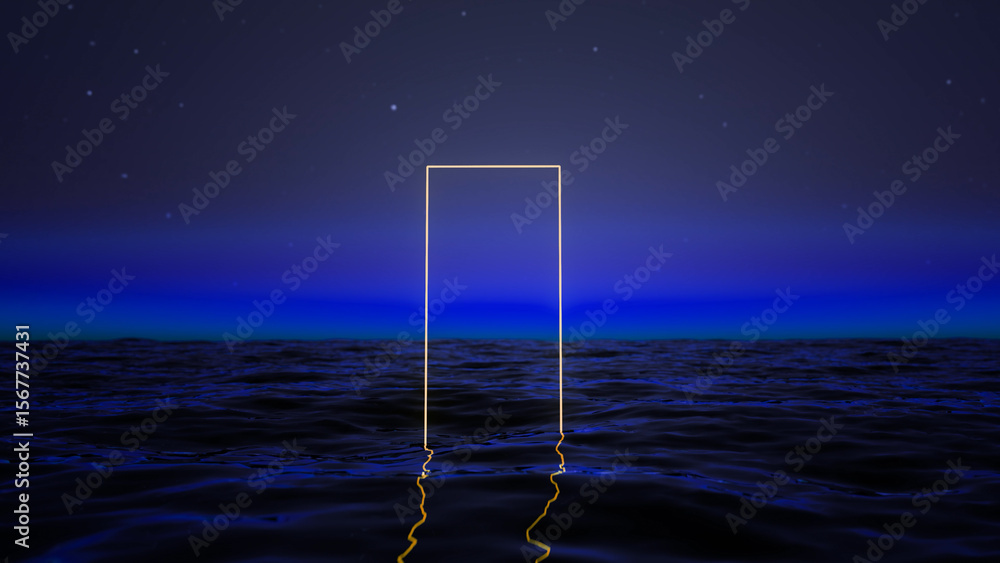 Poster glowing golden rectangular portal rises from the surface of a dark blue ocean at night, under a star