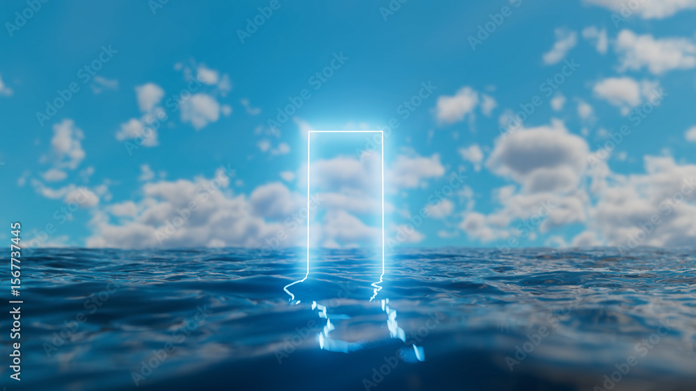 Poster glowing rectangular portal rising from the ocean's surface against a bright blue sky filled with flu