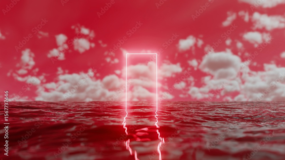 Poster glowing rectangular neon portal rising from rippling red ocean surface, under a dramatic cloudy sky,