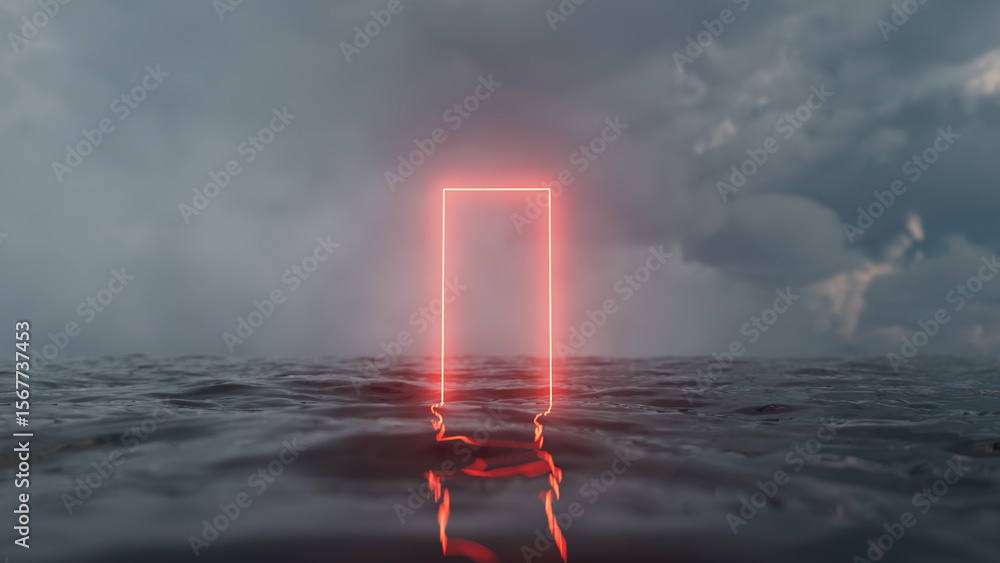 Poster glowing neon red rectangular portal emerging from a dark ocean under a cloudy sky, creating a surrea