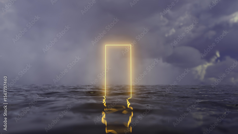 Poster glowing rectangular frame emerges from dark rippling water against a backdrop of stormy, cloud fille
