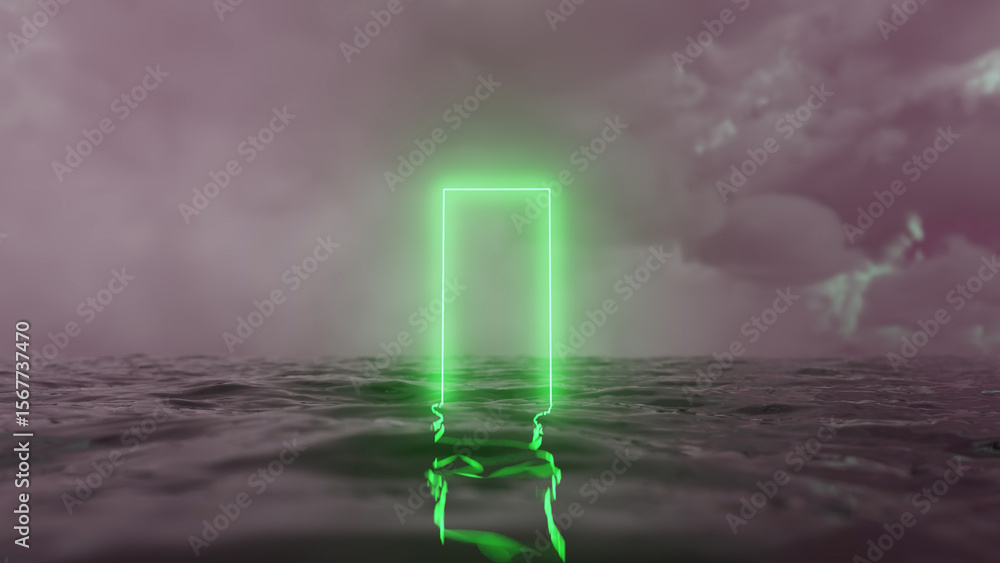 Poster glowing rectangular green neon portal rises from dark ocean surface with rippling reflections under 