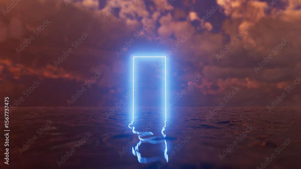 Poster glowing neon rectangle floating above water, casting vibrant reflections on the liquid surface while