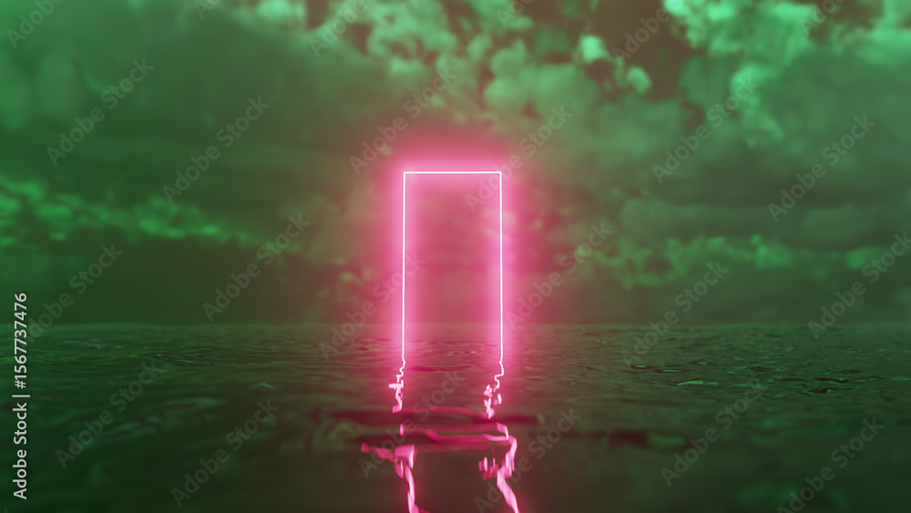 Poster glowing rectangular pink neon frame standing on water surface with reflections under dramatic green 