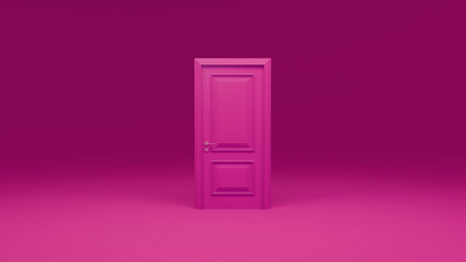 Minimalist image featuring a closed pink door set against a pink monochrome room, symbolizing opportunity, new beginnings, and the myriad choices that lie ahead