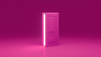 Slightly opened pink door radiating bright white light into an empty pink room, crafting a mysterious and surreal atmosphere filled with hints of opportunity and new beginnings