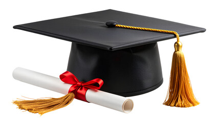  Classic Black Graduation Cap with Long Golden Tassel  Isolated on  Transparent Background PNG