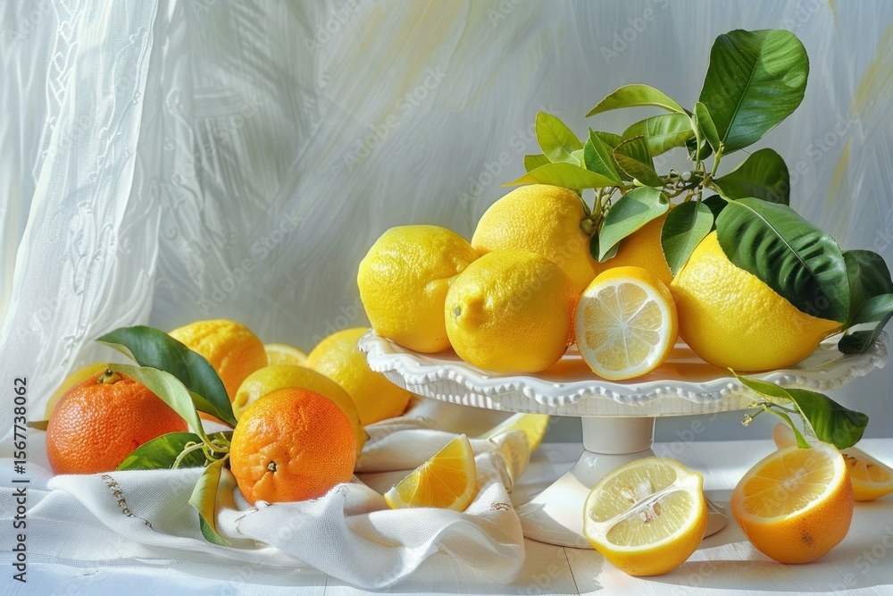 Aufkleber lemons and tangerines with leaves arranged on a white cake stand, creating a vibrant and refreshing 