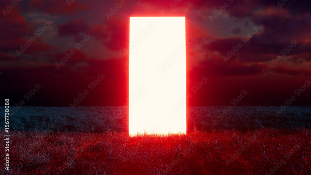 Poster glowing rectangular portal emanates a powerful white light in a field under a dramatic red sunset sk