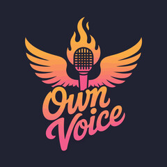Own voice logo with a flaming microphone and wings symbolizing expression creativity and empowerment