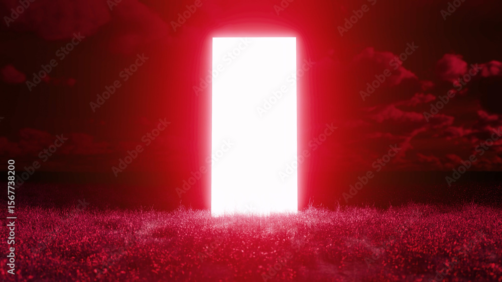 Poster surreal landscape showing a bright white rectangular doorway glowing in a red field under a dramatic