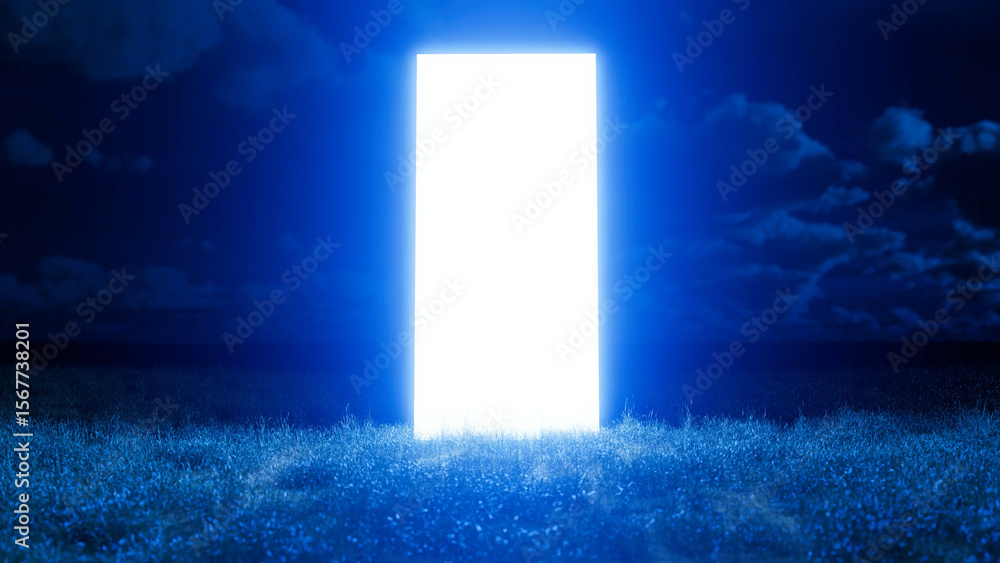 Poster glowing rectangular doorway floating on grass field at night with blue sky and clouds in the backgro