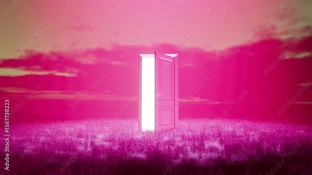 Aufkleber bright glowing open door stands in a field of grass under a surreal pink sky, creating a mysterious 