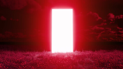 Surreal landscape showing a bright white rectangular doorway glowing in a red field under a dramatic red sky, creating a mysterious and otherworldly atmosphere
