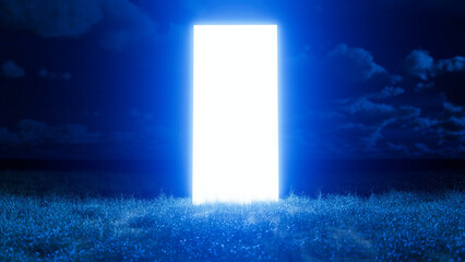 Glowing rectangular doorway floating on grass field at night with blue sky and clouds in the background, creating a mysterious and surreal atmosphere