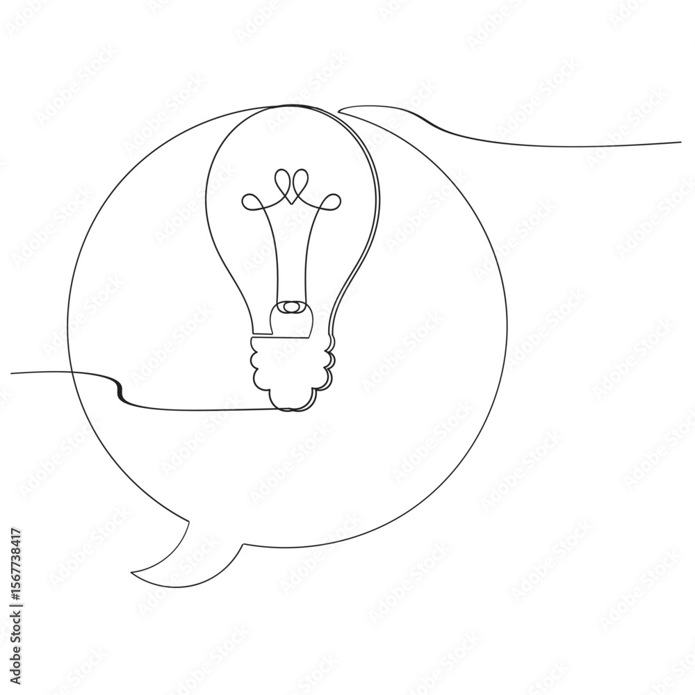 Poster continuous line light bulb and chat icon. chat of thoughts and ideas.one line vector drawing. white 