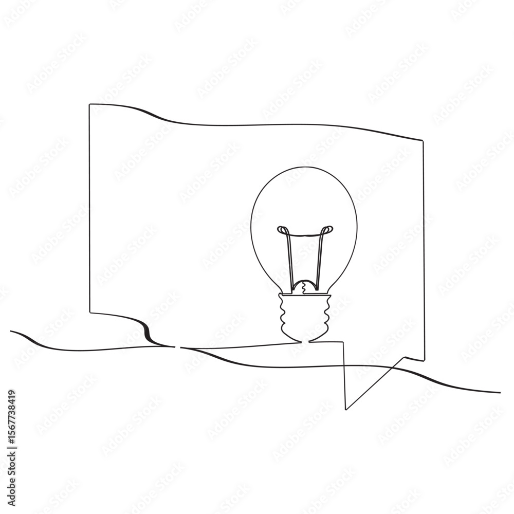 Poster continuous line light bulb and chat icon. chat of thoughts and ideas.one line vector drawing. white 