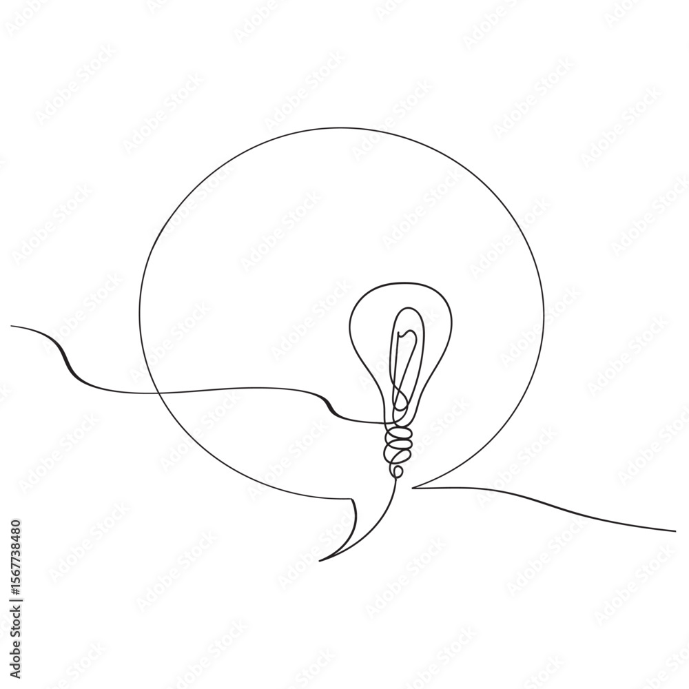 Poster continuous line light bulb and chat icon. chat of thoughts and ideas.one line vector drawing. white 