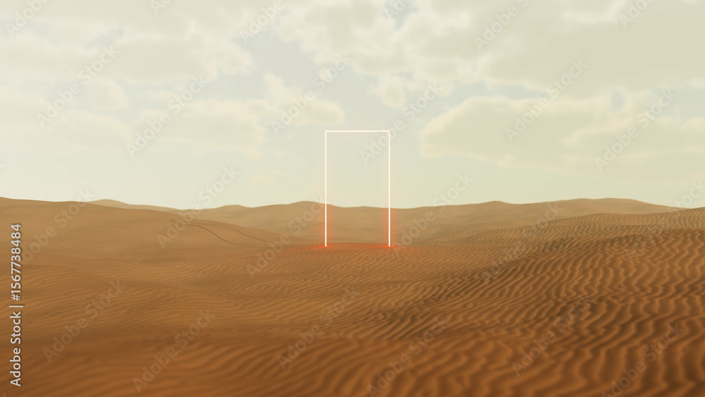 Poster glowing rectangular portal emerging in the midst of a vast desert landscape, creating a surreal and 