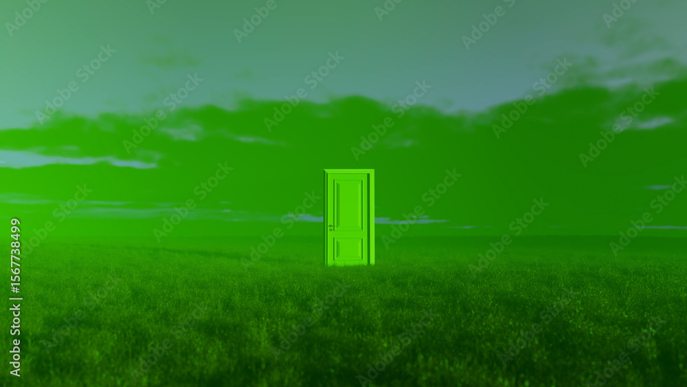 Poster surreal green landscape featuring a closed door standing alone in a field of grass under a cloudy sk
