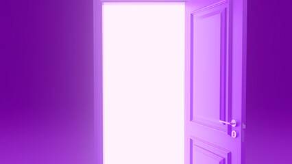 Slightly open purple door reveals a bright white light, creating a powerful visual metaphor for opportunity, hope, and the promise of a new chapter