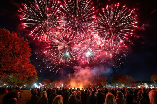 Spectacular fireworks display illuminates autumn night during local celebration