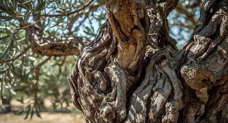 Close up of an ancient olive tree trunk with gnarled bark and green leaves in the background on a sunny day
