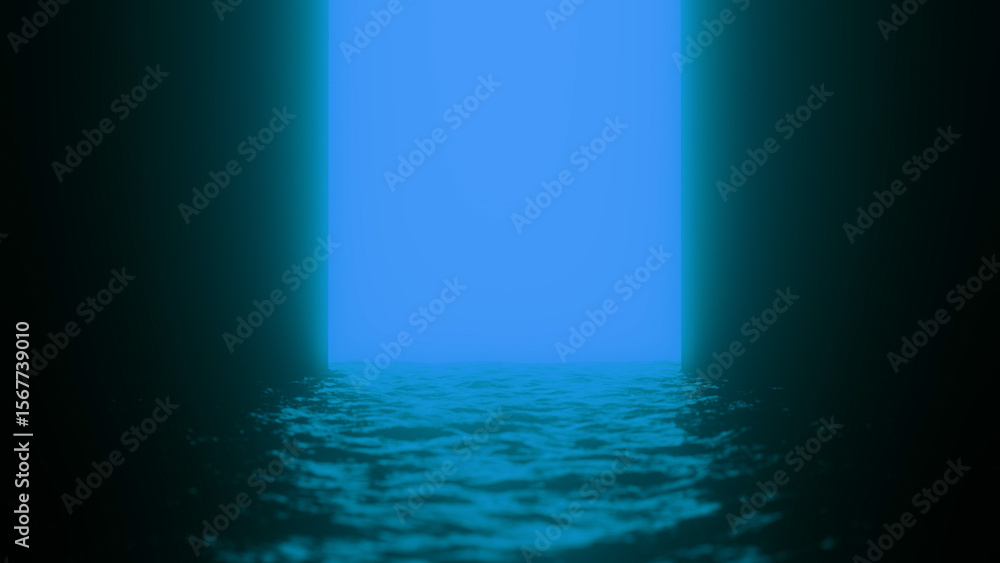 Poster glowing rectangular door opens onto a rippling water surface, creating a mysterious and surreal atmo
