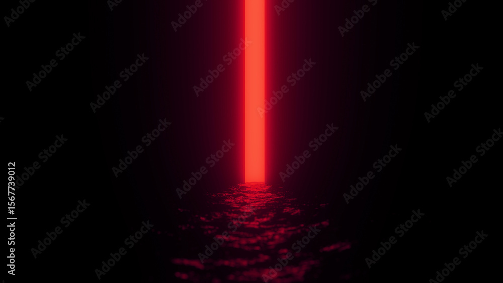 Poster red light streaming through a doorway, illuminating a dark room with a textured floor, creates an en