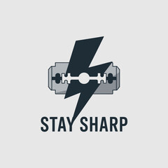 Stay sharp motivational concept featuring a razor blade with a lightning bolt symbol for mental acuity and focus