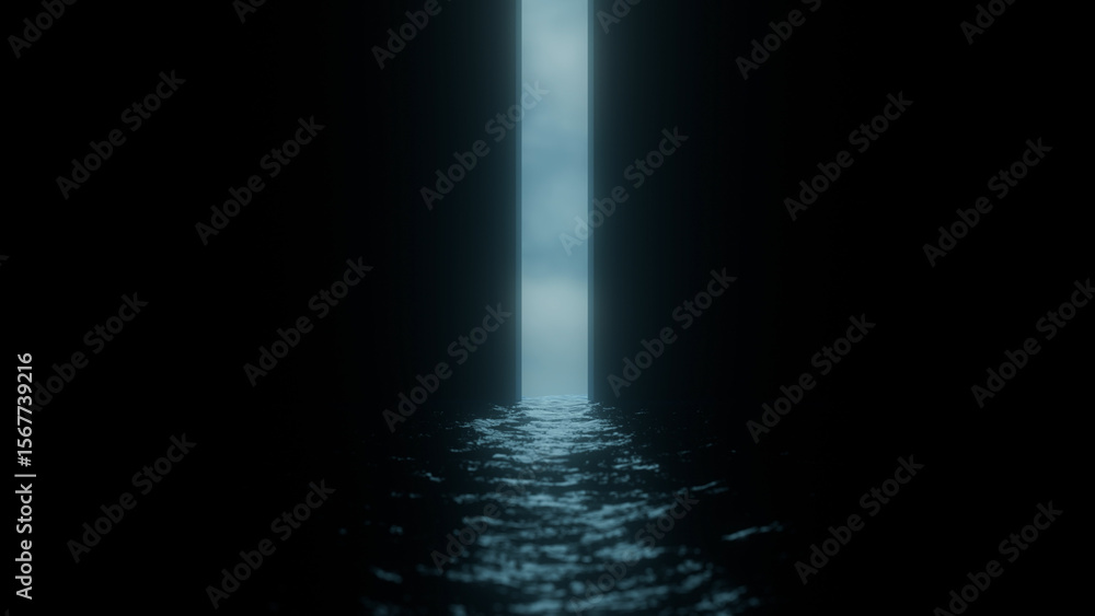 Poster light streaming through a tunnel, illuminating the rippling surface of water and creating a mysterio