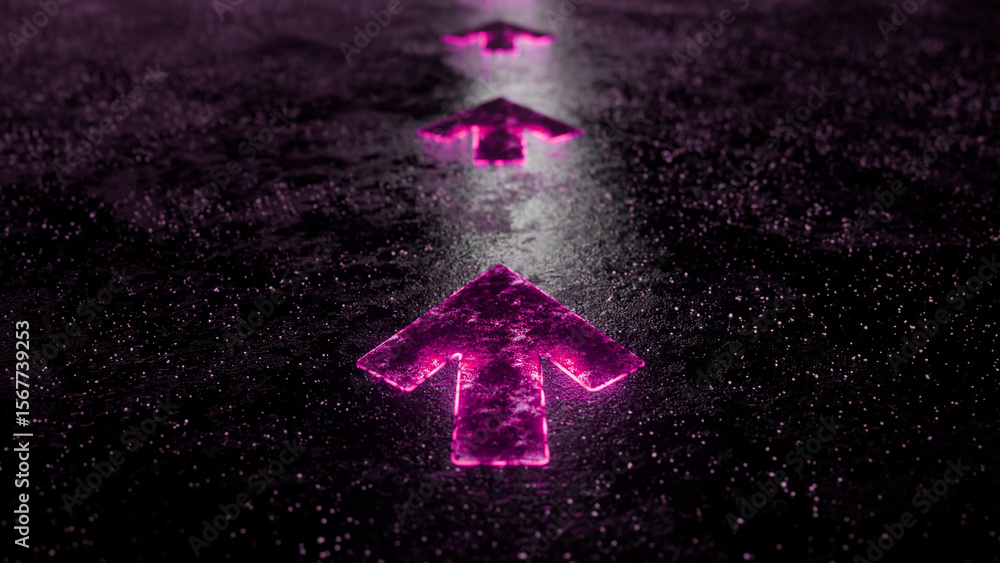 Poster bright purple neon arrows pointing upwards on a dark textured surface, creating a futuristic and dir