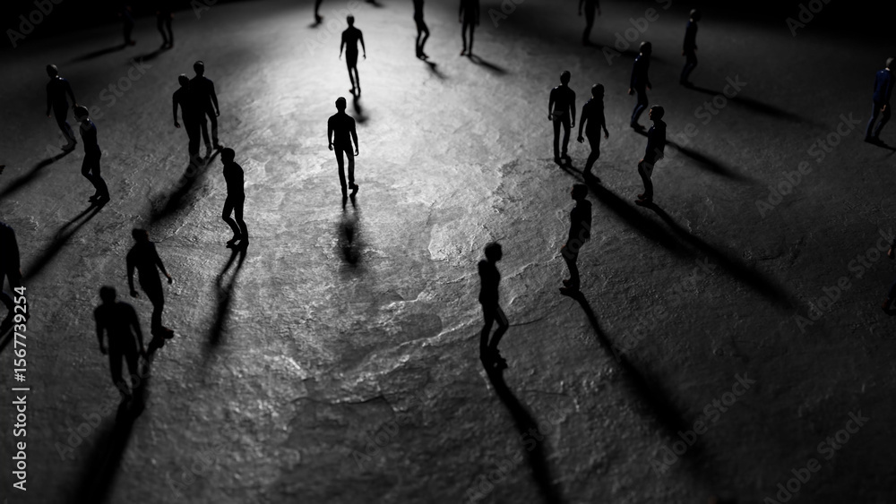 Poster miniature figurines walking on a dark surface cast long shadows under a mysterious light source, cre