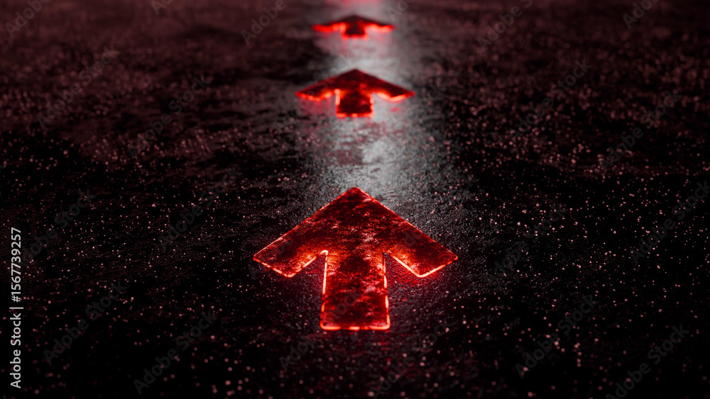 Poster red glowing arrows are pointing upwards on a dark textured background, creating a futuristic and dir