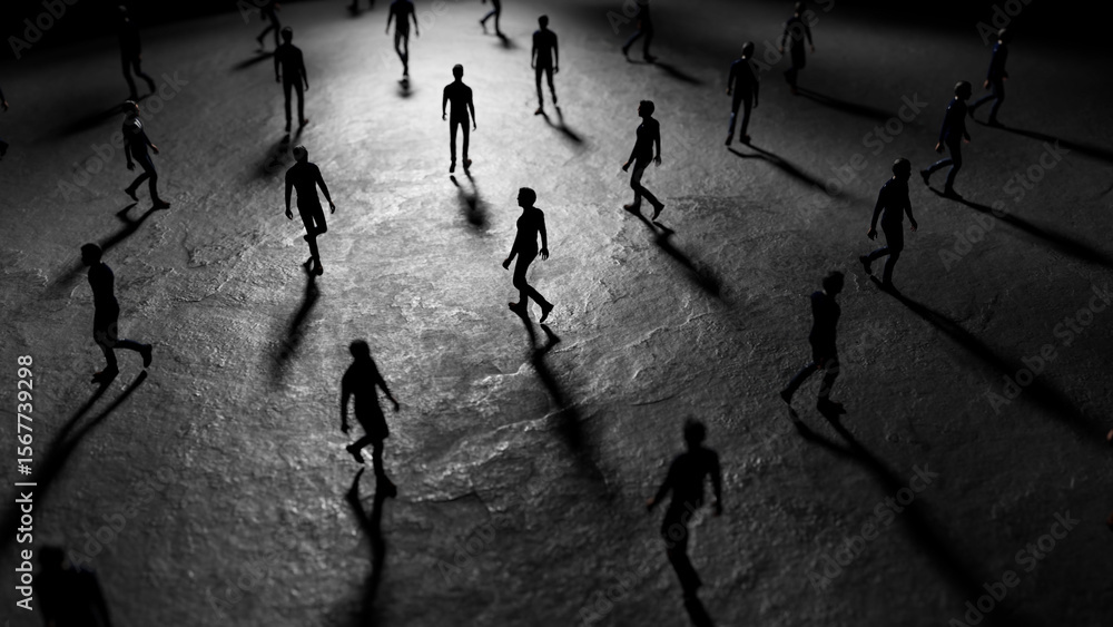 Poster silhouettes of people walking away from a light source casting long shadows on a dark surface, creat