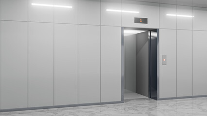 Open elevator doors reveal a brightly lit interior within a modern office building lobby, evoking anticipation and movement while highlighting sleek architectural design elements