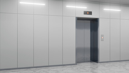 Elevator doors are opening on the fifth floor of a modern office building, showing a clean and contemporary design with bright lighting and marble flooring