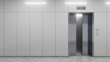 Open elevator is waiting on the first floor of a modern office building, inviting passengers to step inside and ascend to their desired destination