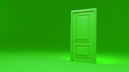 Single green door standing slightly ajar in an empty green room, inviting exploration and symbolizing new opportunities, fresh starts, and the potential for change and growth