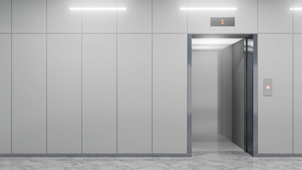 Open elevator doors revealing an empty lift in a modern building, featuring sleek white walls, a marble floor, and integrated lighting, creating anticipation and accessibility