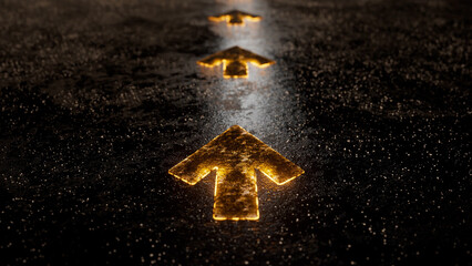 Glowing golden arrows pointing forward on a dark textured surface symbolize a pathway toward success and progress, embodying ambition, motivation, and the pursuit of goals