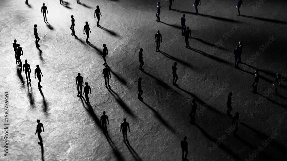 Poster miniature figurines are walking in opposite directions, casting long shadows on a textured surface, 